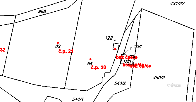 Lomeček 20, Úmonín na parcele st. 64 v KÚ Lomec u Úmonína, Katastrální mapa