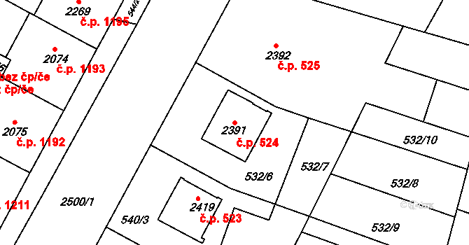 Kyjov 524 na parcele st. 2391 v KÚ Kyjov, Katastrální mapa