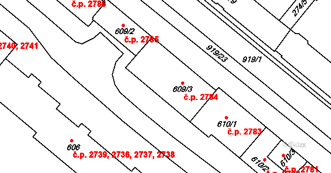 Šumperk 2784 na parcele st. 609/3 v KÚ Dolní Temenice, Katastrální mapa