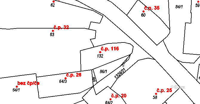 Hvožďany 116 na parcele st. 132 v KÚ Hvožďany, Katastrální mapa