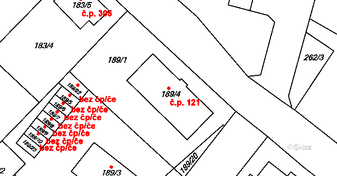 Milovice 121 na parcele st. 189/4 v KÚ Milovice nad Labem, Katastrální mapa