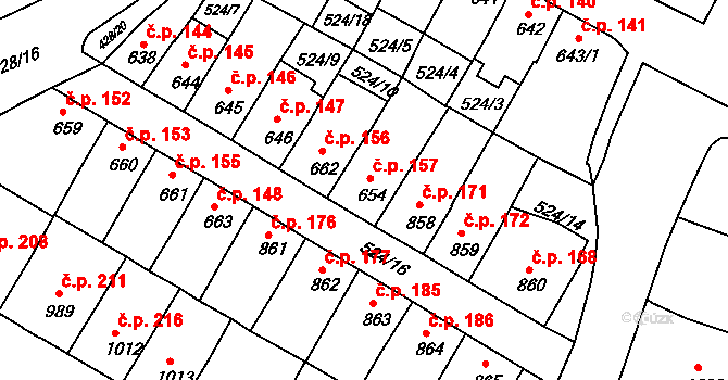 Stařečka 157, Třebíč na parcele st. 654 v KÚ Třebíč, Katastrální mapa