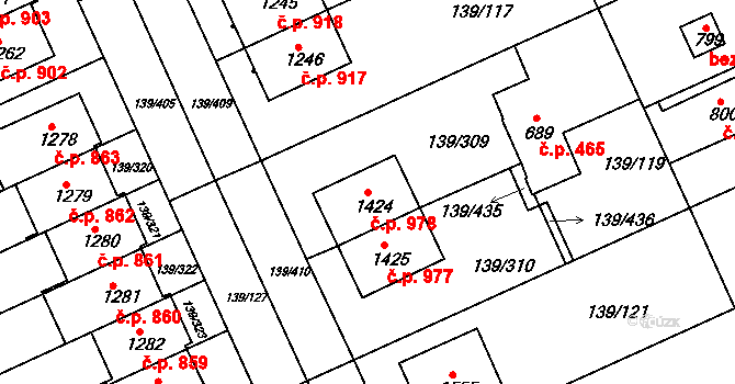 Podklášteří 978, Třebíč na parcele st. 1424 v KÚ Podklášteří, Katastrální mapa