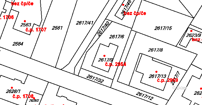 Teplice 2954 na parcele st. 2617/9 v KÚ Teplice, Katastrální mapa