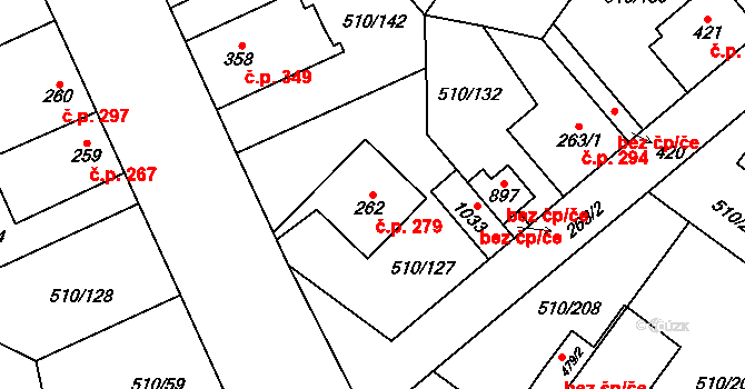 Sendražice 279, Kolín na parcele st. 262 v KÚ Sendražice u Kolína, Katastrální mapa