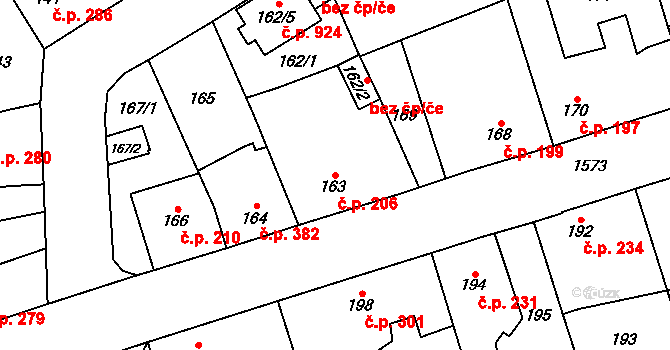 Řeporyje 206, Praha na parcele st. 163 v KÚ Řeporyje, Katastrální mapa
