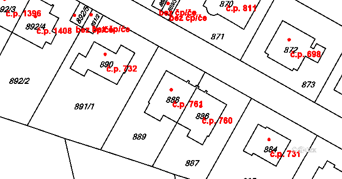 Braník 761, Praha na parcele st. 888 v KÚ Braník, Katastrální mapa