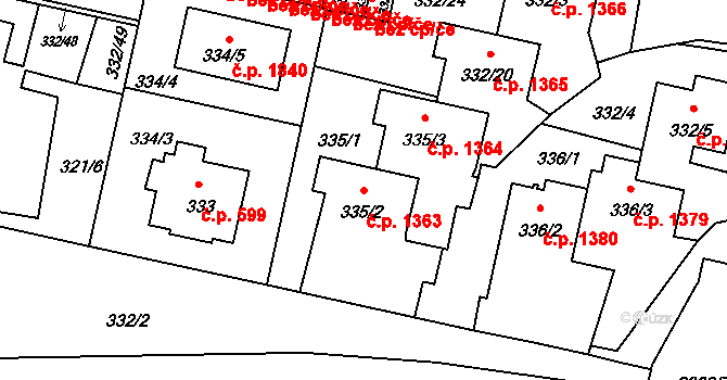 Braník 1363, Praha na parcele st. 335/2 v KÚ Braník, Katastrální mapa