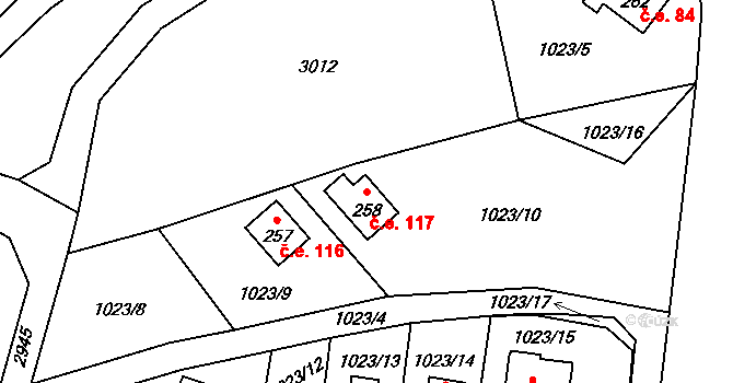 Radíč 117 na parcele st. 258 v KÚ Radíč, Katastrální mapa