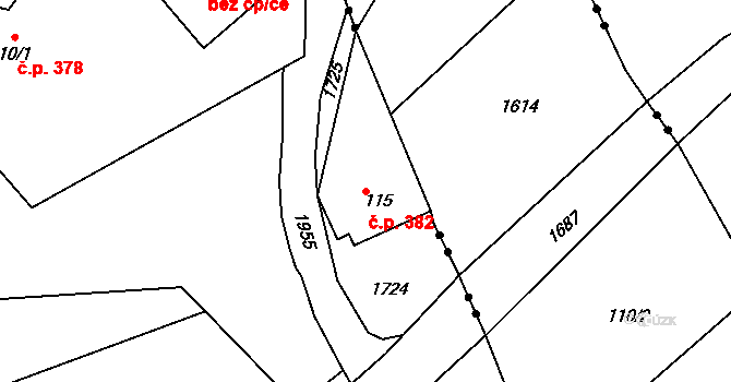 Pilníkov 382 na parcele st. 115 v KÚ Pilníkov II, Katastrální mapa