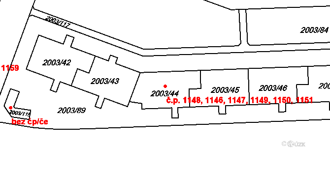 Doubravka 1146,1147,1148,1149,, Plzeň na parcele st. 2003/44 v KÚ Doubravka, Katastrální mapa