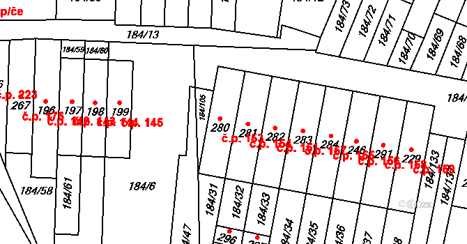 Únětice 153 na parcele st. 280 v KÚ Únětice u Prahy, Katastrální mapa