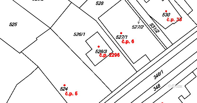 Újezd nad Lesy 2296, Praha na parcele st. 526/3 v KÚ Újezd nad Lesy, Katastrální mapa