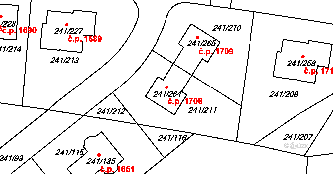 Dubeč 1708, Praha na parcele st. 241/264 v KÚ Dubeč, Katastrální mapa