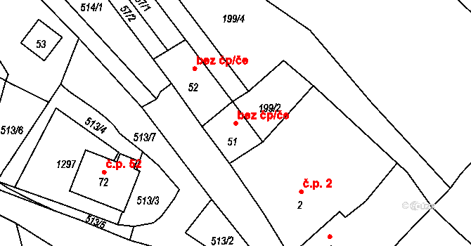 Zahořany 45234353 na parcele st. 51 v KÚ Hříchovice, Katastrální mapa
