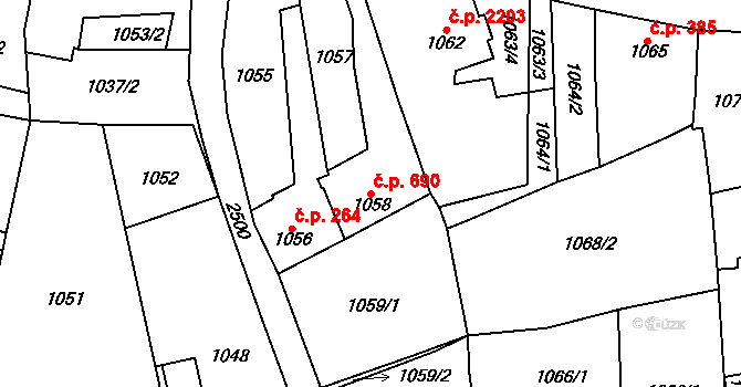 Horní Litvínov 690, Litvínov na parcele st. 1058 v KÚ Horní Litvínov, Katastrální mapa