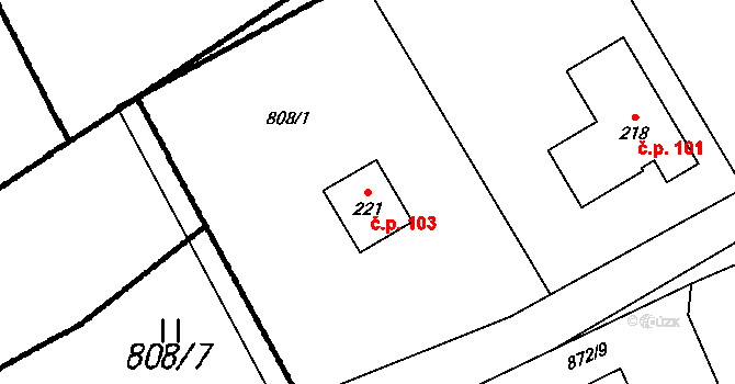 Ústí 103 na parcele st. 221 v KÚ Ústí u Humpolce, Katastrální mapa