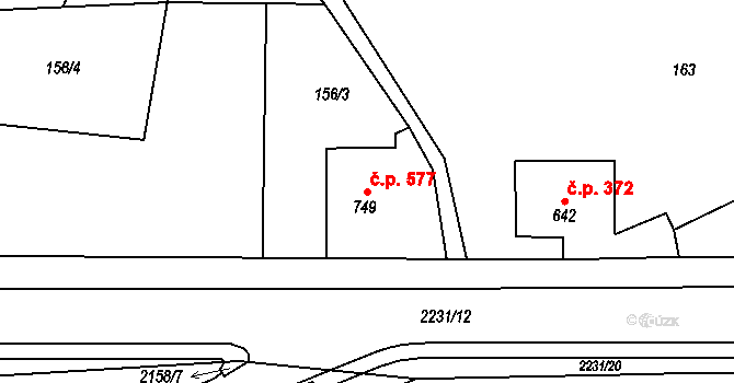 Králíky 577 na parcele st. 749 v KÚ Králíky, Katastrální mapa