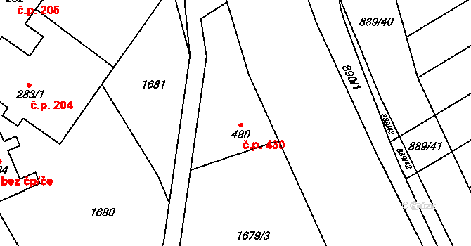 Hanušovice 430 na parcele st. 480 v KÚ Hanušovice, Katastrální mapa