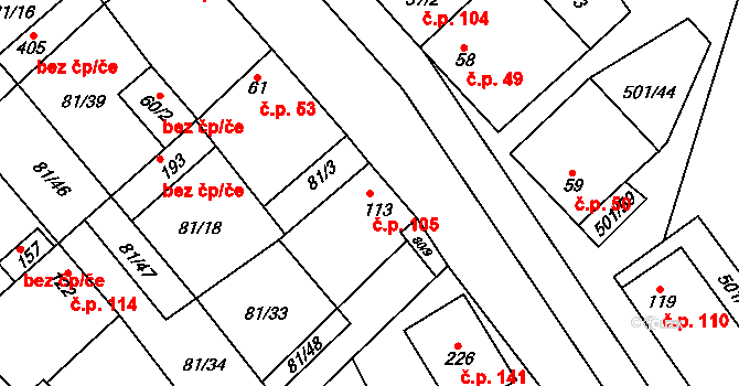 Zeměchy 105, Kralupy nad Vltavou na parcele st. 113 v KÚ Zeměchy u Kralup nad Vltavou, Katastrální mapa
