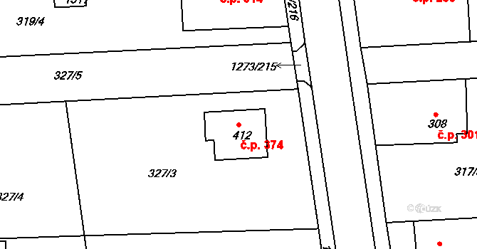 Kaznějov 374 na parcele st. 412 v KÚ Kaznějov, Katastrální mapa