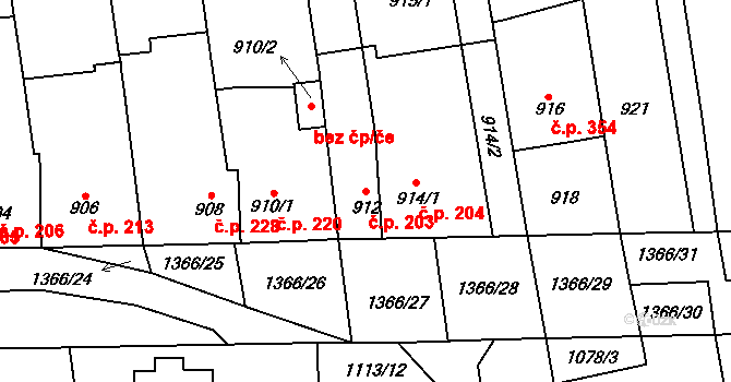 Vejprnice 203 na parcele st. 912 v KÚ Vejprnice, Katastrální mapa