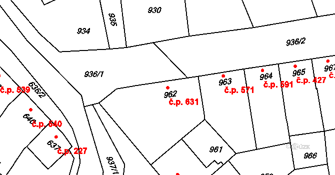 Klobouky u Brna 631 na parcele st. 962 v KÚ Klobouky u Brna, Katastrální mapa