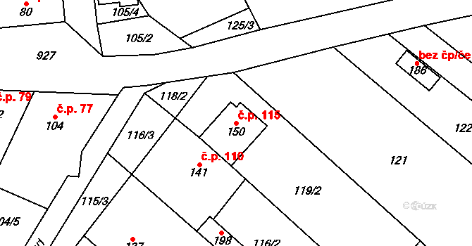 Hlinsko pod Hostýnem 115, Bystřice pod Hostýnem na parcele st. 150 v KÚ Hlinsko pod Hostýnem, Katastrální mapa