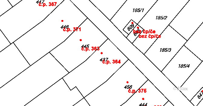 Olšany u Prostějova 364 na parcele st. 437 v KÚ Olšany u Prostějova, Katastrální mapa