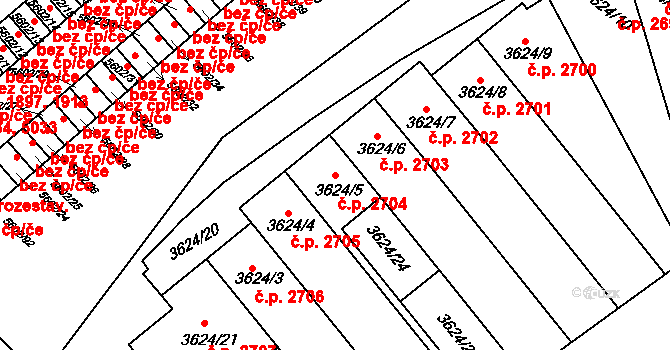Znojmo 2704 na parcele st. 3624/5 v KÚ Znojmo-město, Katastrální mapa