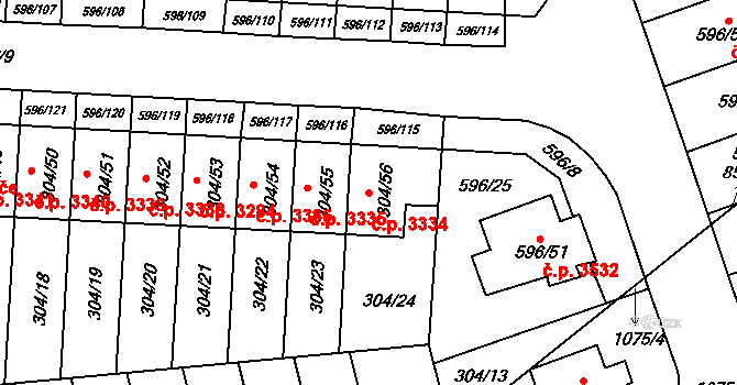 Znojmo 3334 na parcele st. 304/56 v KÚ Znojmo-Louka, Katastrální mapa