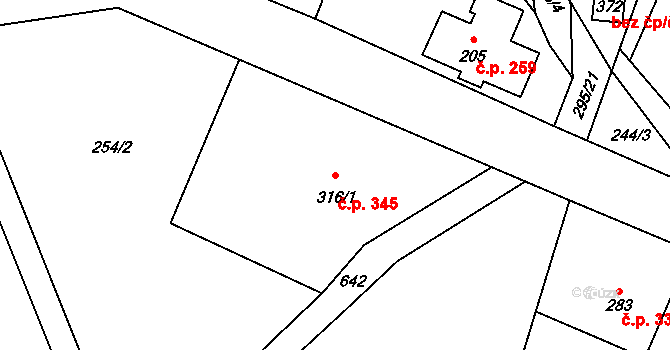 Josefův Důl 345 na parcele st. 316/1 v KÚ Josefův Důl u Jablonce nad Nisou, Katastrální mapa