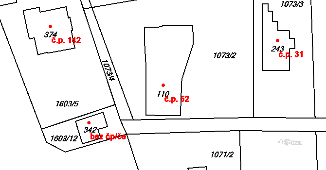 Alšovice 52, Pěnčín na parcele st. 110 v KÚ Alšovice, Katastrální mapa