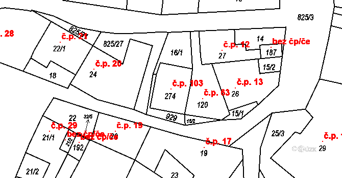 Roudníky 103, Chabařovice na parcele st. 274 v KÚ Roudníky, Katastrální mapa