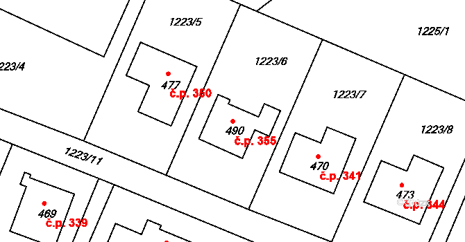 Doksy 355 na parcele st. 490 v KÚ Doksy u Kladna, Katastrální mapa