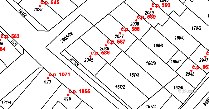 Veselí nad Moravou 587 na parcele st. 2036 v KÚ Veselí-Předměstí, Katastrální mapa
