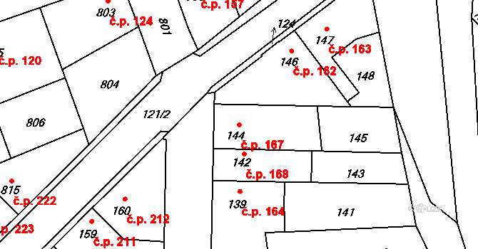 Hřebeč 167 na parcele st. 144 v KÚ Hřebeč, Katastrální mapa