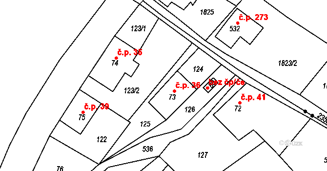 Košov 36, Lomnice nad Popelkou na parcele st. 73 v KÚ Košov, Katastrální mapa