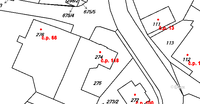 Dobřenice 118 na parcele st. 274 v KÚ Dobřenice, Katastrální mapa