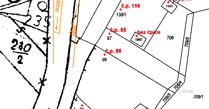 Hořovičky 86 na parcele st. 98 v KÚ Hořovičky, Katastrální mapa