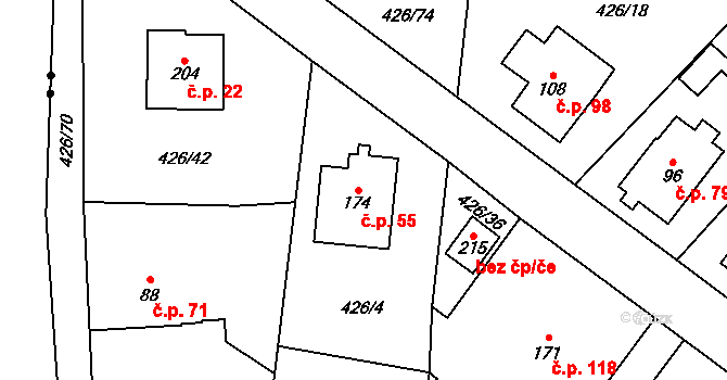 Štikov 55, Nová Paka na parcele st. 174 v KÚ Štikov, Katastrální mapa