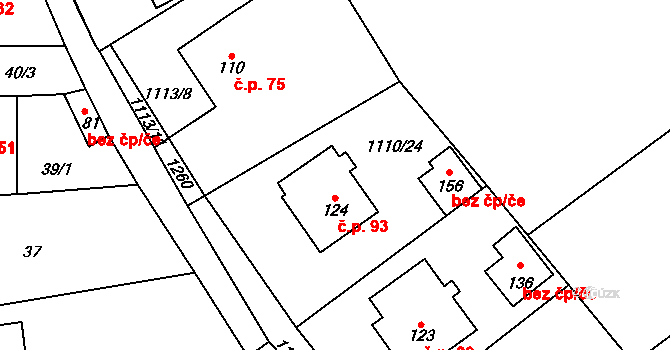Jezdovice 93 na parcele st. 124 v KÚ Jezdovice, Katastrální mapa