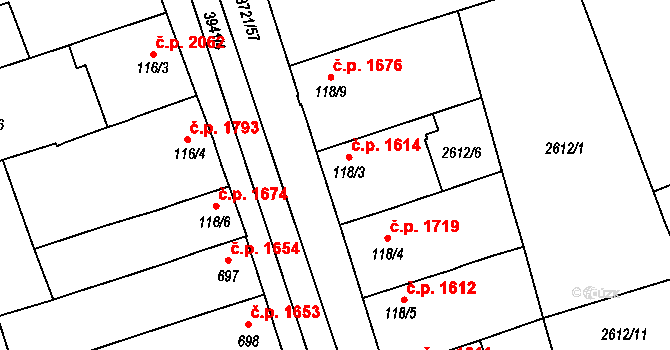 Břeclav 1614 na parcele st. 118/3 v KÚ Břeclav, Katastrální mapa