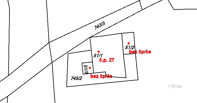 Těšenov 27, Horní Cerekev na parcele st. 51/1 v KÚ Těšenov, Katastrální mapa