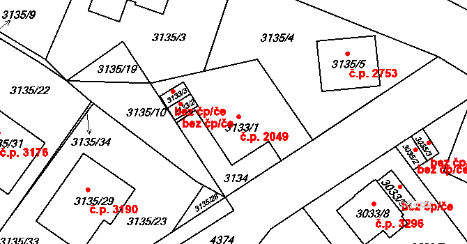 Teplice 2049 na parcele st. 3133/1 v KÚ Teplice, Katastrální mapa