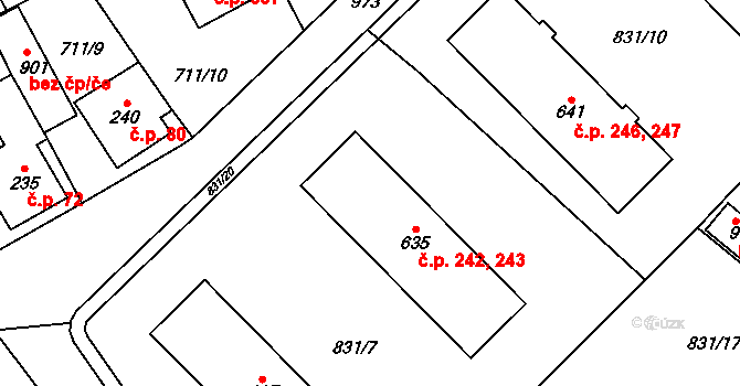 Daliměřice 242,243, Turnov na parcele st. 635 v KÚ Daliměřice, Katastrální mapa
