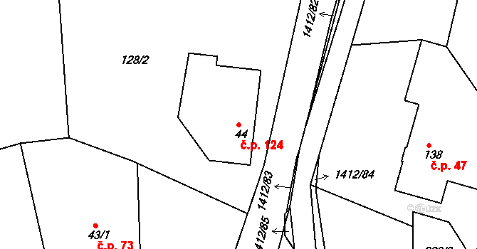 Velké Kunětice 124 na parcele st. 44 v KÚ Velké Kunětice, Katastrální mapa