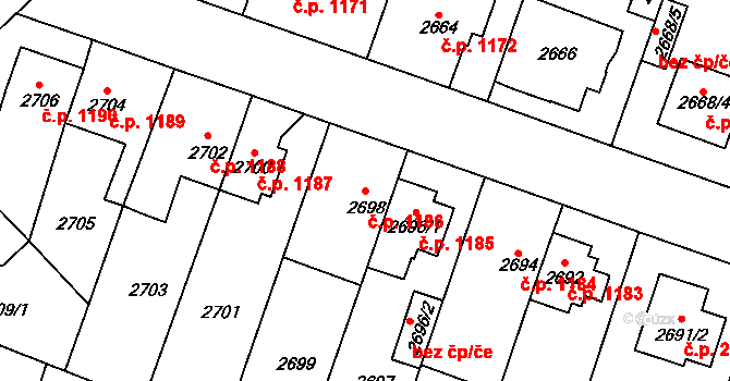 Horní Počernice 1186, Praha na parcele st. 2698/1 v KÚ Horní Počernice, Katastrální mapa