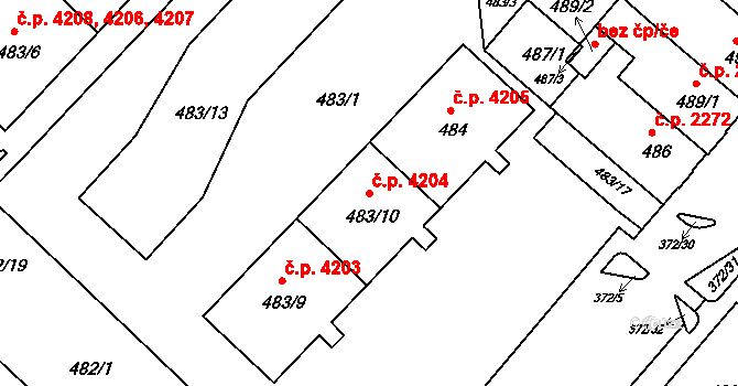 Chomutov 4204 na parcele st. 483/10 v KÚ Chomutov II, Katastrální mapa