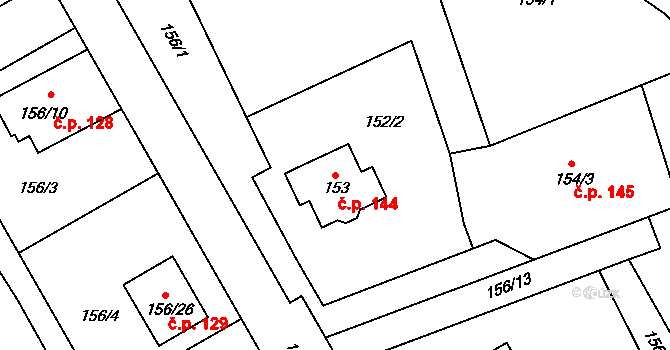 Žerotín 144 na parcele st. 153 v KÚ Žerotín, Katastrální mapa